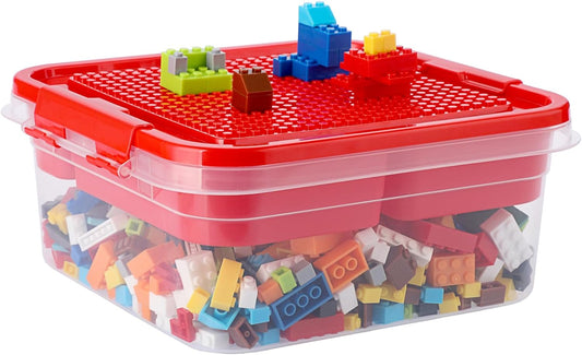Plastic Storage Container with Bricks Baseplate Lid for Building Blocks, Bricks Building Set Organization Bin with Compartments Tray, Stackable Storage Box Building Block Chest Case (Red)
