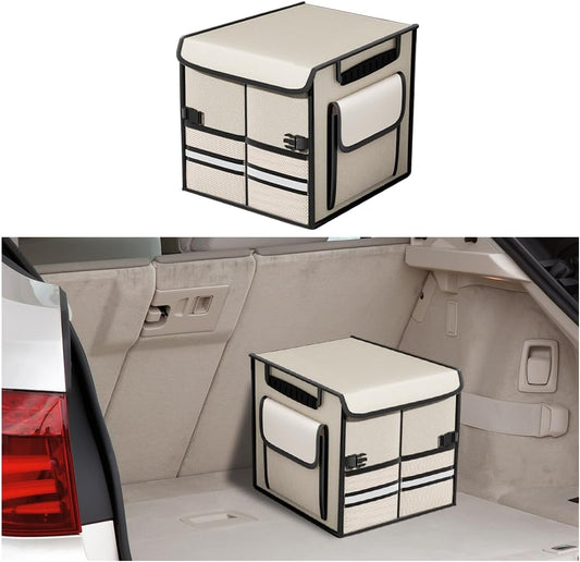 HZEL Car Trunk Organizer with Lid, Foldable Slip Resistant Multi-Compartment Vehicle Cargo Storage Box, Collapsible Waterproof Automotive Trunk Organizer, Universal for SUV Van Truck (Beige)