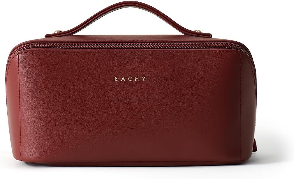EACHY Travel Makeup Bag for Women, Flat Open Cosmetic Bag, Red, Medium