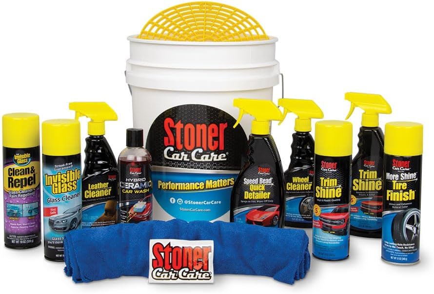 Stoner Car Care 99049 15-Piece Performance Essentials Complete Car Detailing Kit with Invisible Glass Cleaner, Microfiber Cloths, 5-Gallon Bucket, Wheel Cleaner and More Gift for Vehicle Enthusiasts