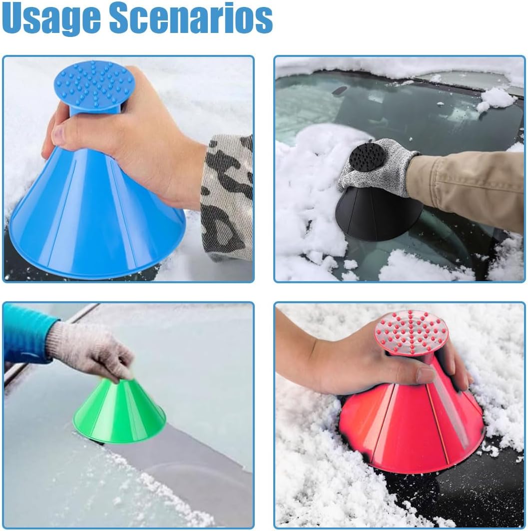 GLSOWEE 4PCS Magical Ice Scrapers for Car Windshield, Cone-Shaped Car Snow Remover with Funnel, Round Snow Scraper Car Snow Removal Shovel Tool, Frost Wipe Scraper Car Window Cleaner for Ice & Snow