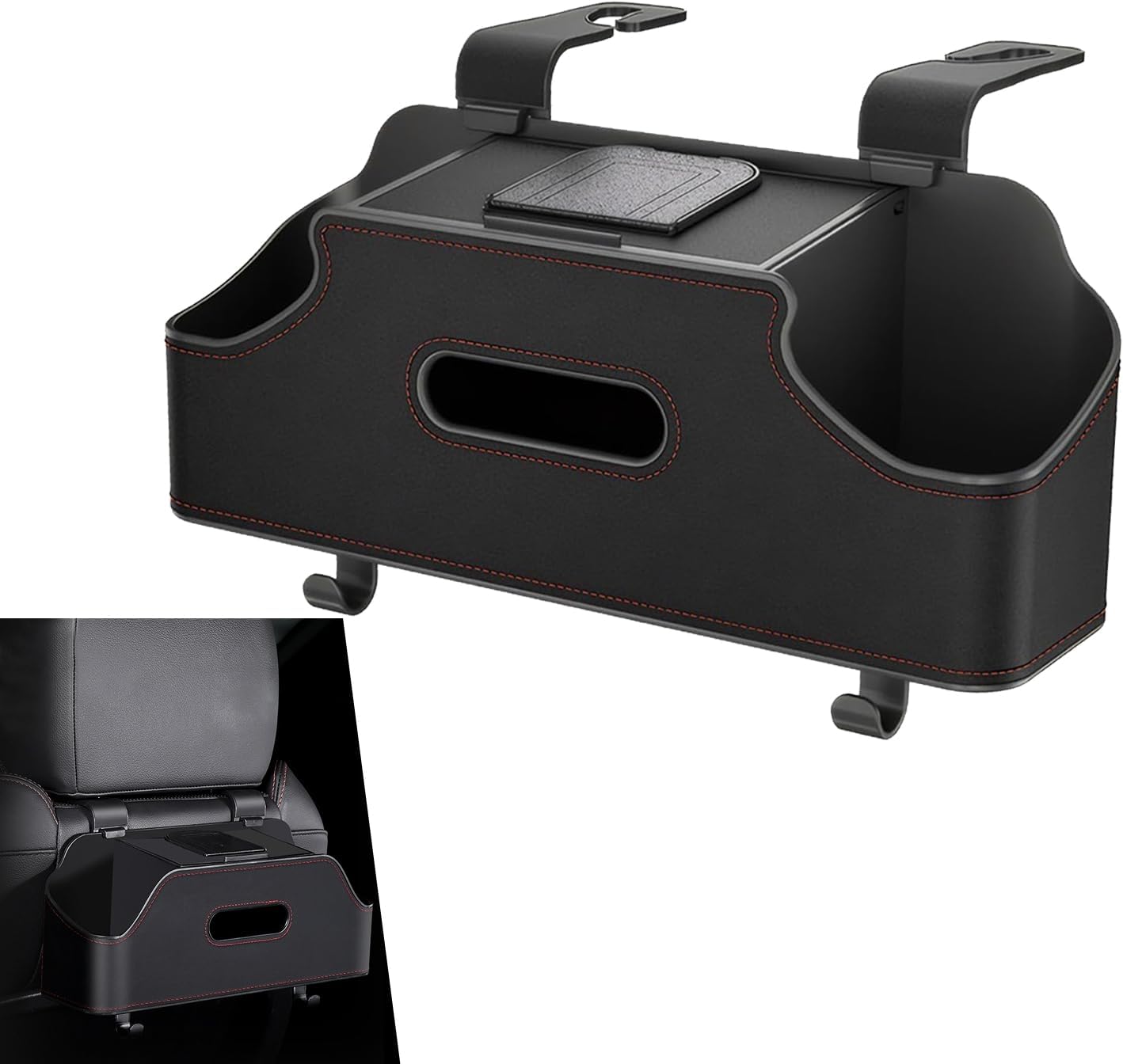 Car Seatback Organizer with Cup Holder, Leather Headseat Tissue Box and Storage Box, Multifunction Auto Rear-mounted Mobile Phone Holder, for Most Cars (Black)
