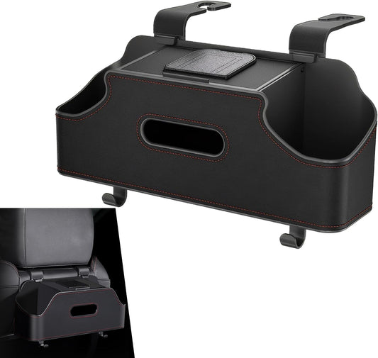 Car Seatback Organizer with Cup Holder, Leather Headseat Tissue Box and Storage Box, Multifunction Auto Rear-mounted Mobile Phone Holder, for Most Cars (Black)