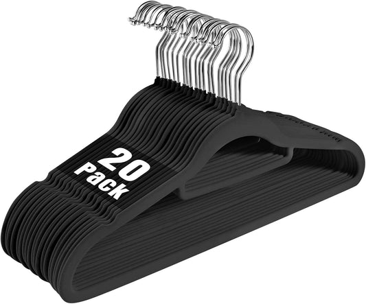 Velvet Non-Slip Hangers, Heavy-Duty Suit Hangers with 360° Swivel Hook for Space-Saving Storage - 20 Pack, Black