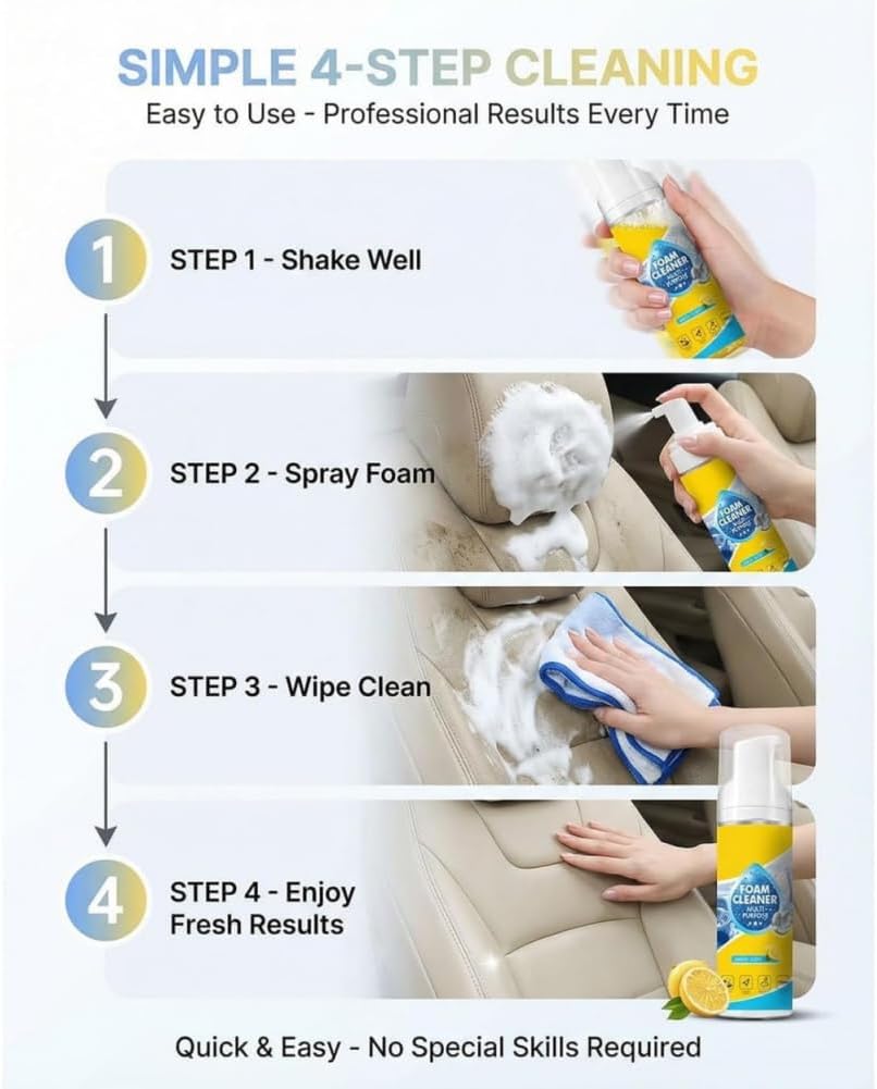 Powerful & Multipurpose Car Interior Foam Cleaner, All-Purpose Rinse-Free Foam Cleaner Spray, Cars Seat Foams Cleaners Spray, Cleaning without Pre Washing for Car & Home (3 PCS)