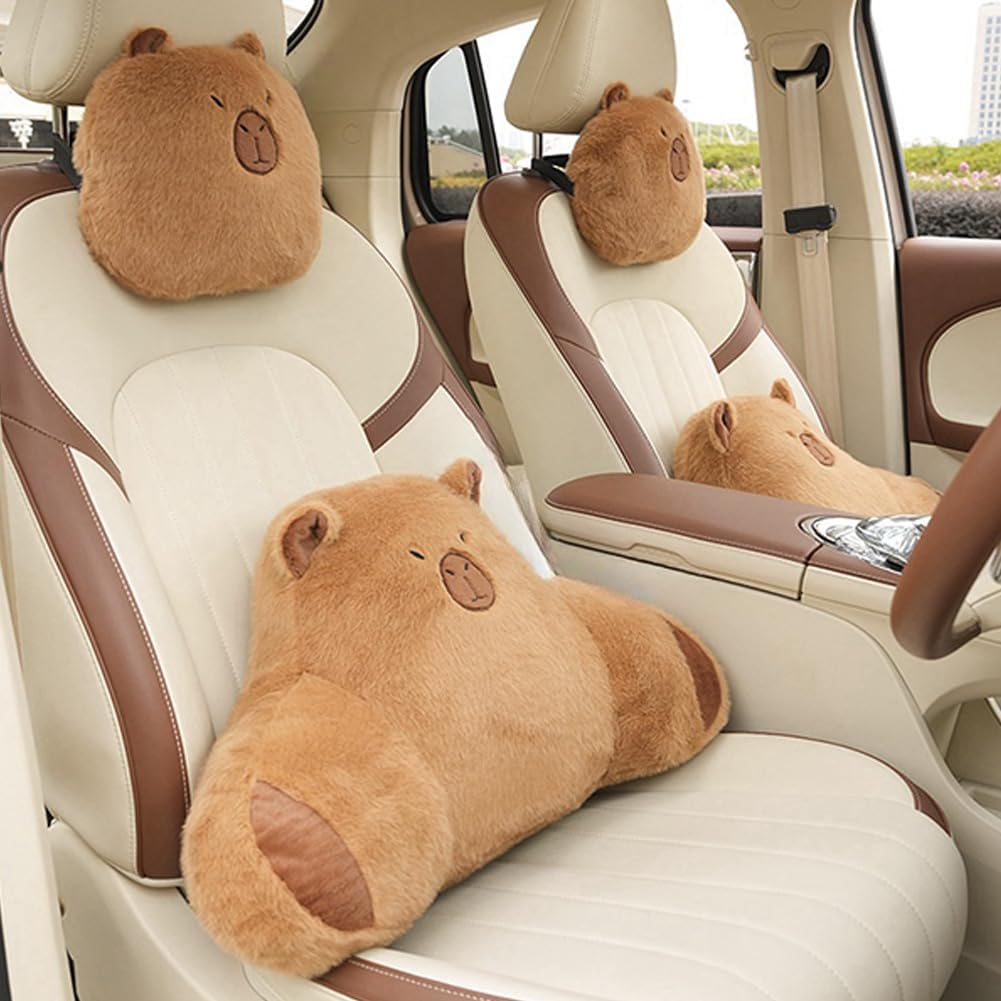 LYFJMUS 4 Pack Plush Capybara Car Headrest Pillow and Lumbar Support Pillow Kawaii Plushies Capybara Stuffed Headrest Cute Car Decor for Car Driving