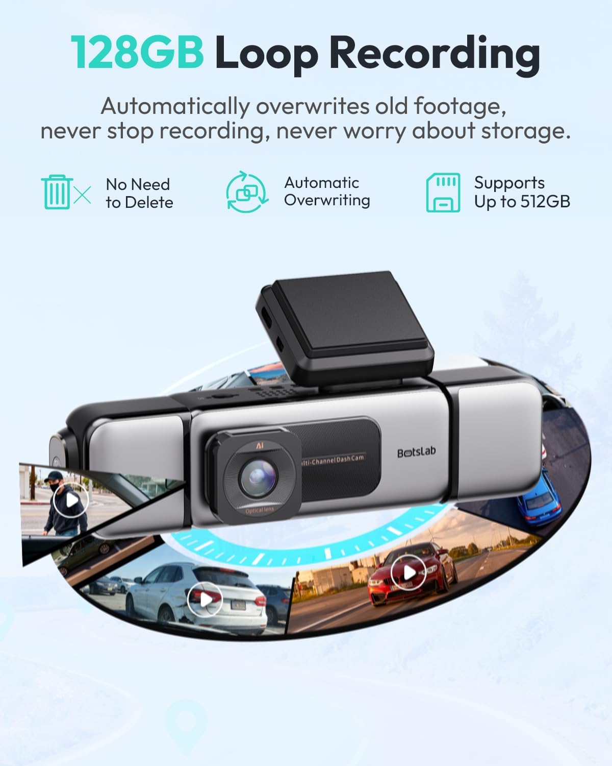 BOTSLAB 4 Channel 360° Dash Cam, 128GB Card, Voice Control, App Control