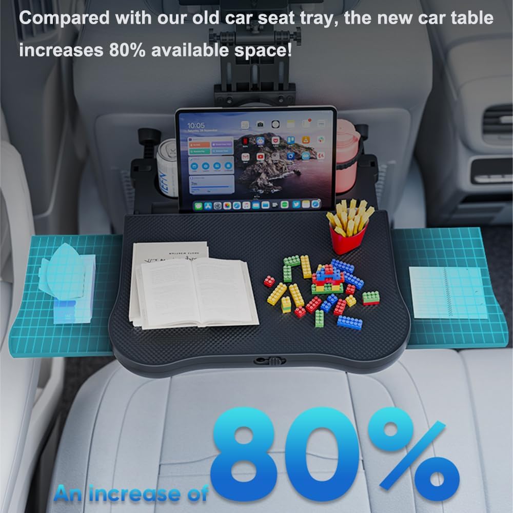 Car Back Seat Tray with Extendable Table, Car Travel Desk for Laptop with Phone Holder, Foldable Trays for Eating & Working, Car Travel Tray Table for Rear Passenger
