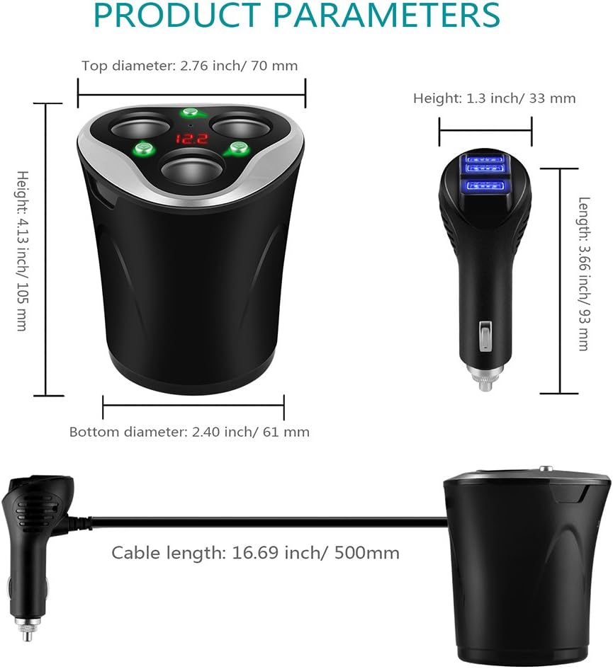 Skyocean 3 Socket Cigarette Lighter Splitter Power Adapter + 3 USB Car Charger 120W 12V/24V DC Outlet with Volt Meter, On/Off Switch for Cell Phone GPS Dash Cam & All Electronic Devices (Black)