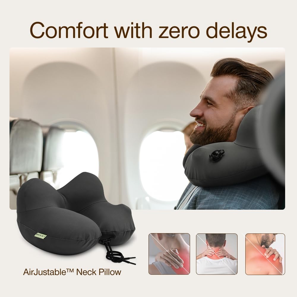Coop Home Goods AirJustable Travel Neck Pillow, Inflatable, Adjustable Support for Neck & Chin, Compact, Soft Memory Foam Comfort, Airplane Travel Essentials, Cooling & Washable Cover