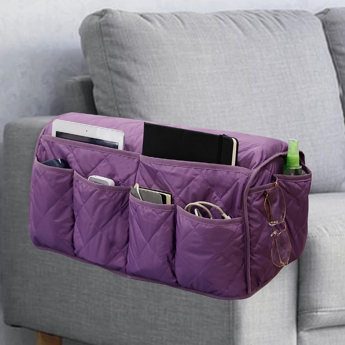 Sofa Armrest Organizer,Couch Remote Control Holder with 14 Pockets Waterproof Non Slip Recliner Organizer for TV Remotes Caddy, Book, Magazines, Ipad (Purple)