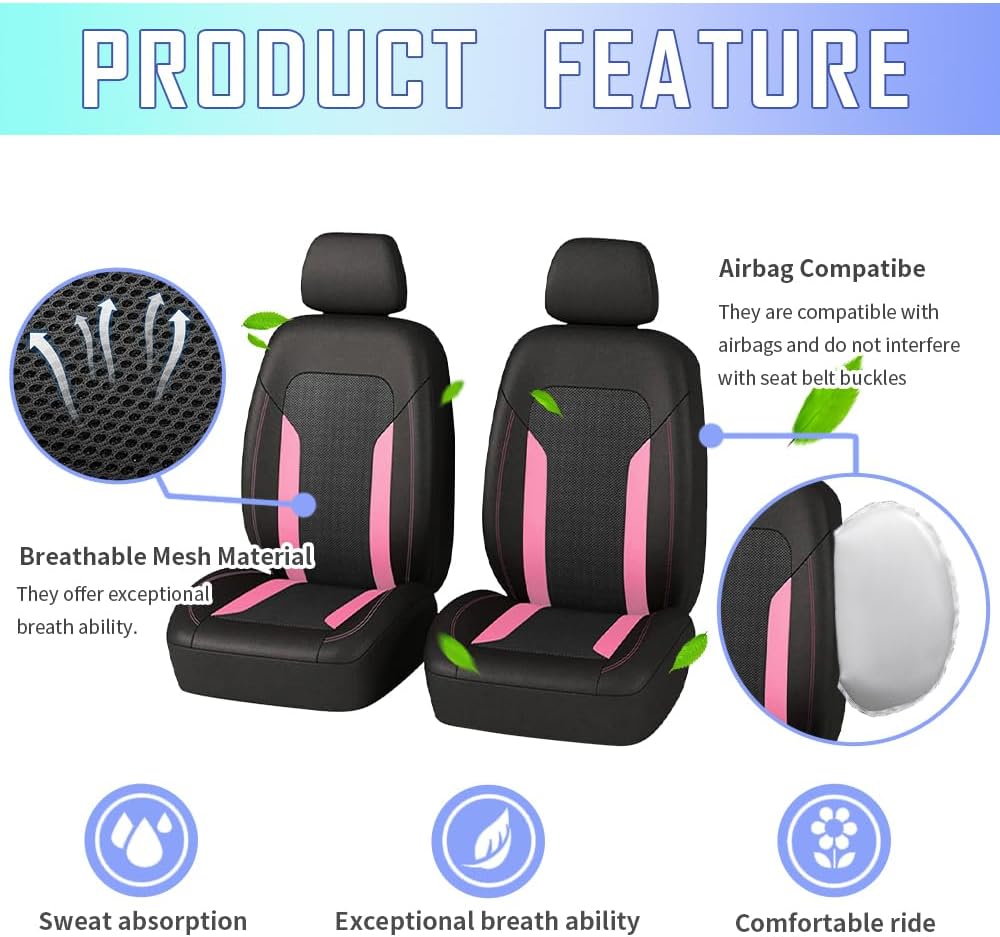 4PCS Cooling Car Seat Covers,Breathable Front Seat Covers with Mesh Construction and Foam Padding,Car Seat Protector to Reduce Back Sweating,Universal Car Interior for Car SUV (Pink)