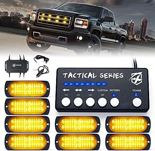 Xprite 24 LED White Amber Surface Mount Strobe Lights Kit with Control Panel, Grill Grille Side Marker Flashing Light Assemblies for Construction Towing Snow Plow Pickup Work Trucks Cars-4PCS