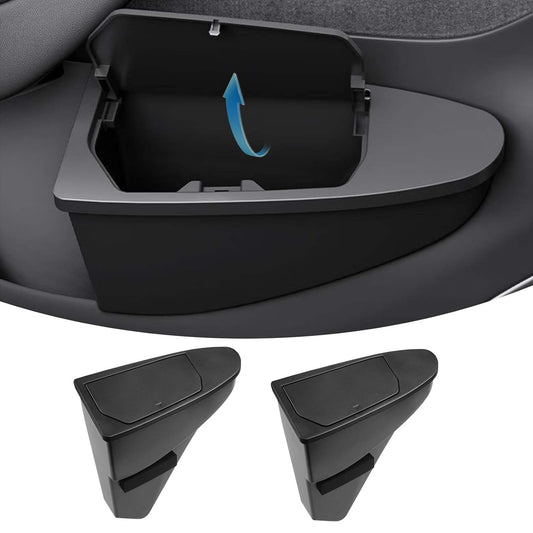 Canvcle Front Door Trash Can for 2025 2026 New Tesla Model Y Juniper Accessories, Door Side Storage Box Organizer Front Seat Door Garbage Bin with Push-Open Lid, Hidden Storage Organizer Black 2PCS