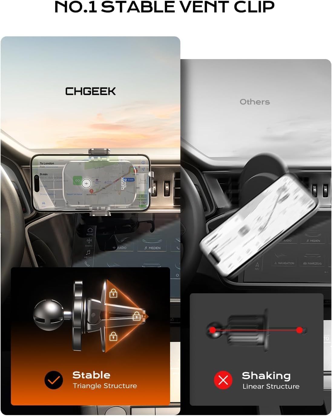 Wireless Car Charger Phone Holder Mount, 15W Fast Charging Auto Clamping Phone Holders for Your Car Dashboard Windshield Air Vent Car Accessories for iPhone, Samsung Galaxy, Google Pixel etc