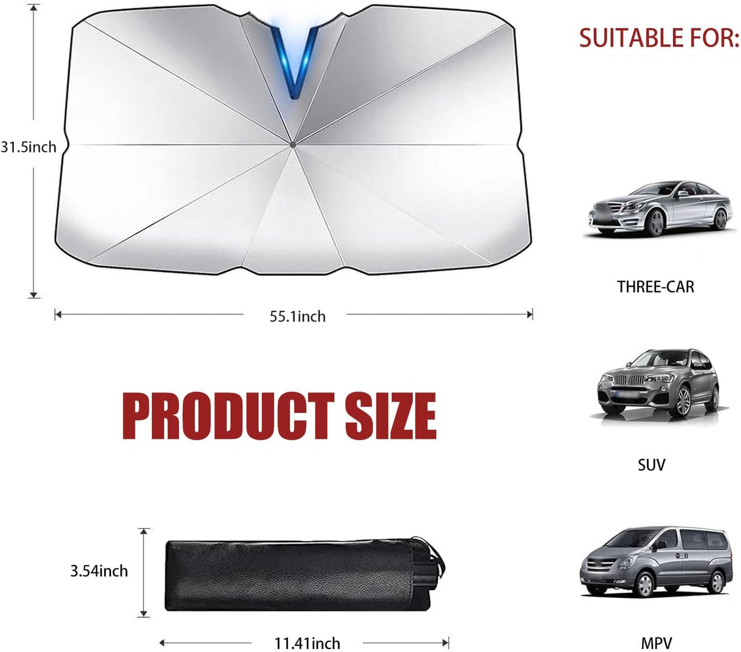 1 PC Car Windshield Sunshade, 55" x 31" Open Type Ten-Bone Anti-concave Umbrella Frame Foldable Reflective Frosted Non-Slip Handle Sunshade, Auxiliary Cooling Accessories, for Cars (Silver)