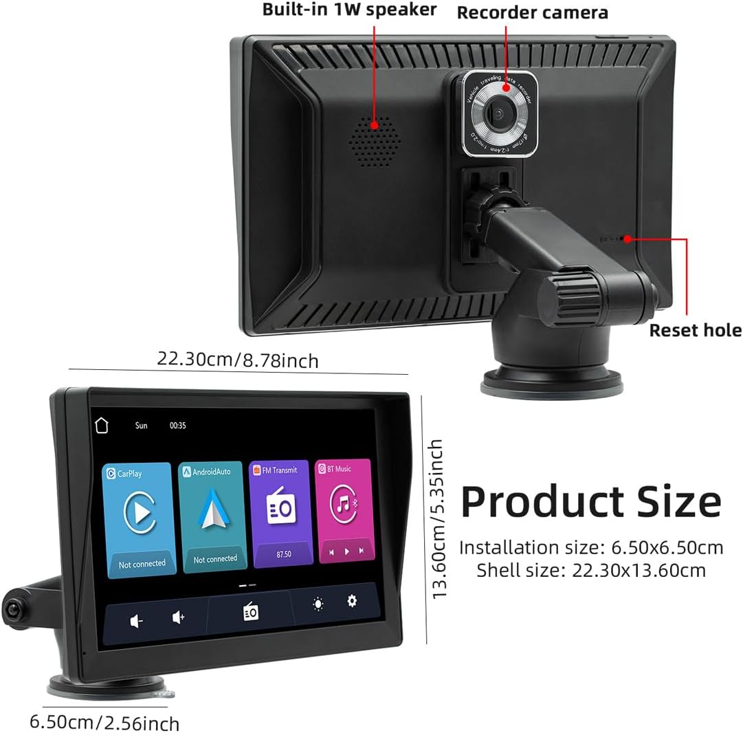 Portable Wireless Apple CarPlay and Android Auto Car Radio Stereo with Sunshade, 9 inch Touchscreen Monitor Bluetooth Car Stereo with DVR, Mirror Link/FM/AUX Transmitter for 12V-24V Vehicle