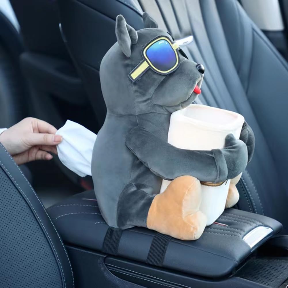 Multifunctional Deluxe Trash Can and Storage Box, Cute Tissue Box, Creative Animal Cartoon Decorative Organizer for Car and Home, Dog, Grey