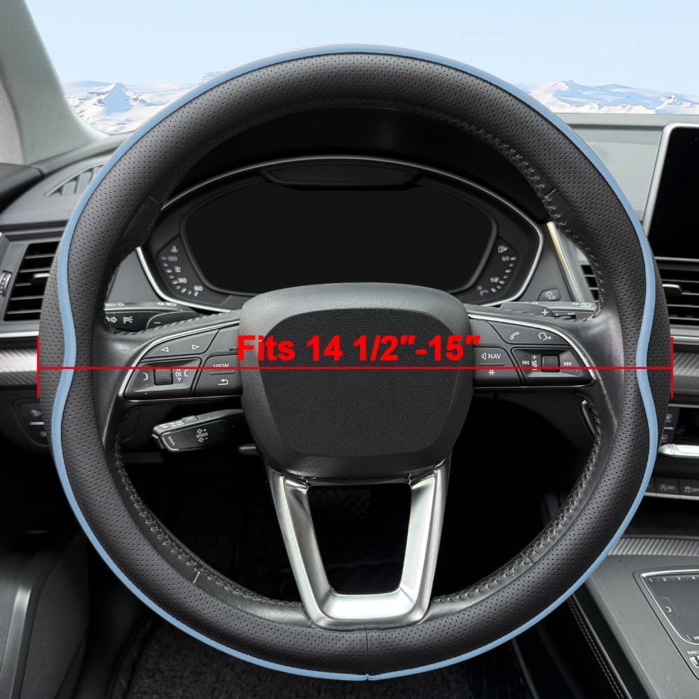 HAOTULE Leather Steering Wheel Cover， with Anti-Slip Stripe Design - Enhanced Grip, Fashion Style, Safe, Non-Slip, Breathable. Upgrade car Interior，Black Blue