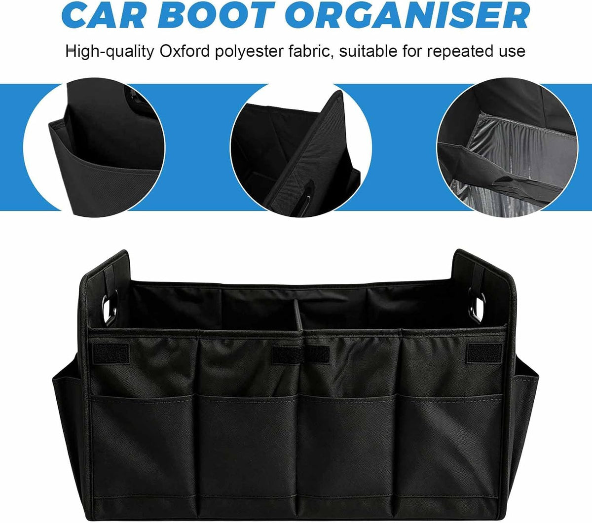 Trunk Organizer, Multi-Compartment Auto Storage Organizer with Reinforced Handles, Foldable Waterproof Oxford Trunk Cargo Storage Box for Most Vehicles, Car Accessory (Black)