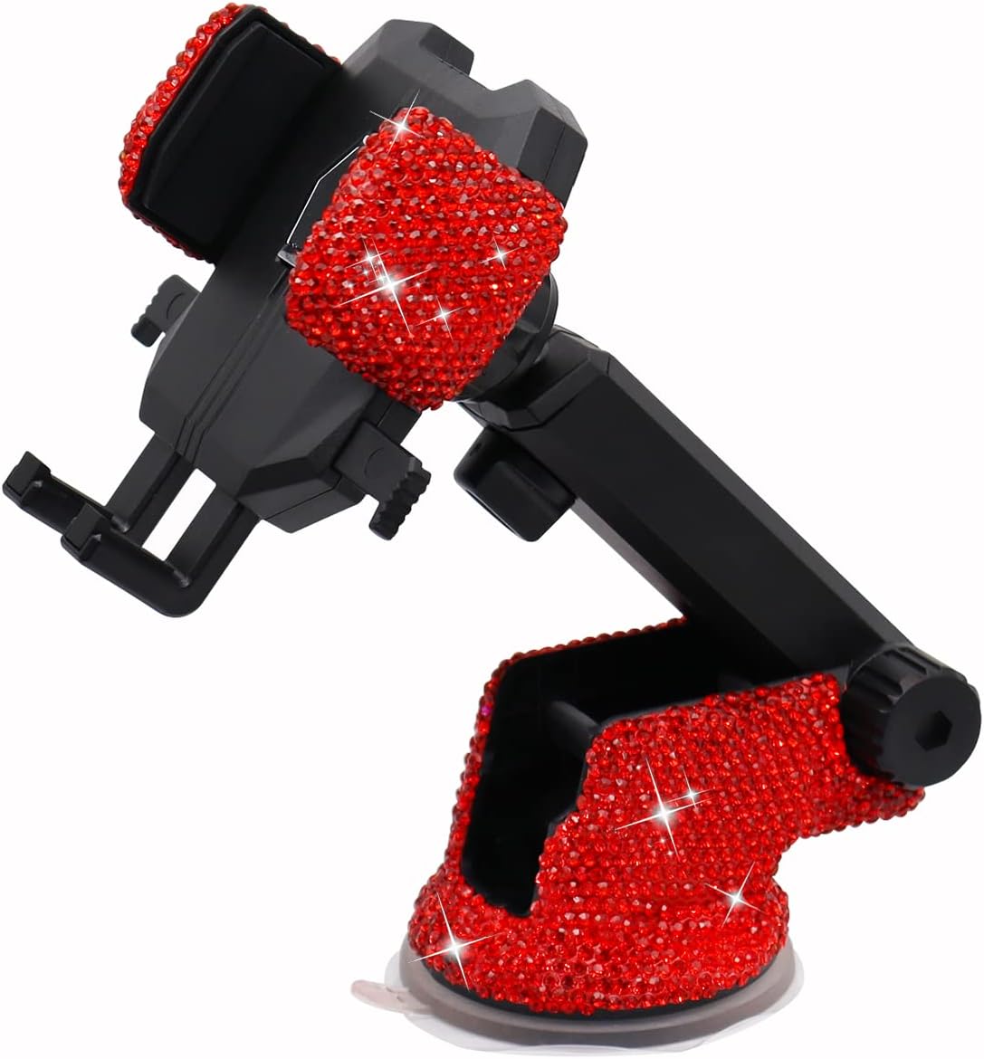 LYCARESUN Bling Car Phone Mount Holder,Shiny Crystal Rhinestone Phone Stand for Women and Girls, Car Accessories for Windshield Dashboard,Compatible with Most Cellphones (red)