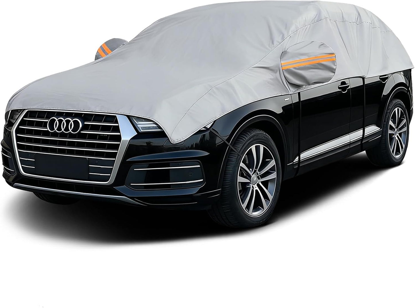 Waterproof Half Car Cover for Large SUV L, Outdoor Roof & Windshield Protector with Cotton Liner, All Weather Top Half Cover for Rain, Snow, Sun, Dust and Debris, Fits Most Full Size SUVs