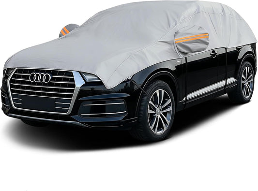 Waterproof Half Car Cover for Large SUV L, Outdoor Roof & Windshield Protector with Cotton Liner, All Weather Top Half Cover for Rain, Snow, Sun, Dust and Debris, Fits Most Full Size SUVs
