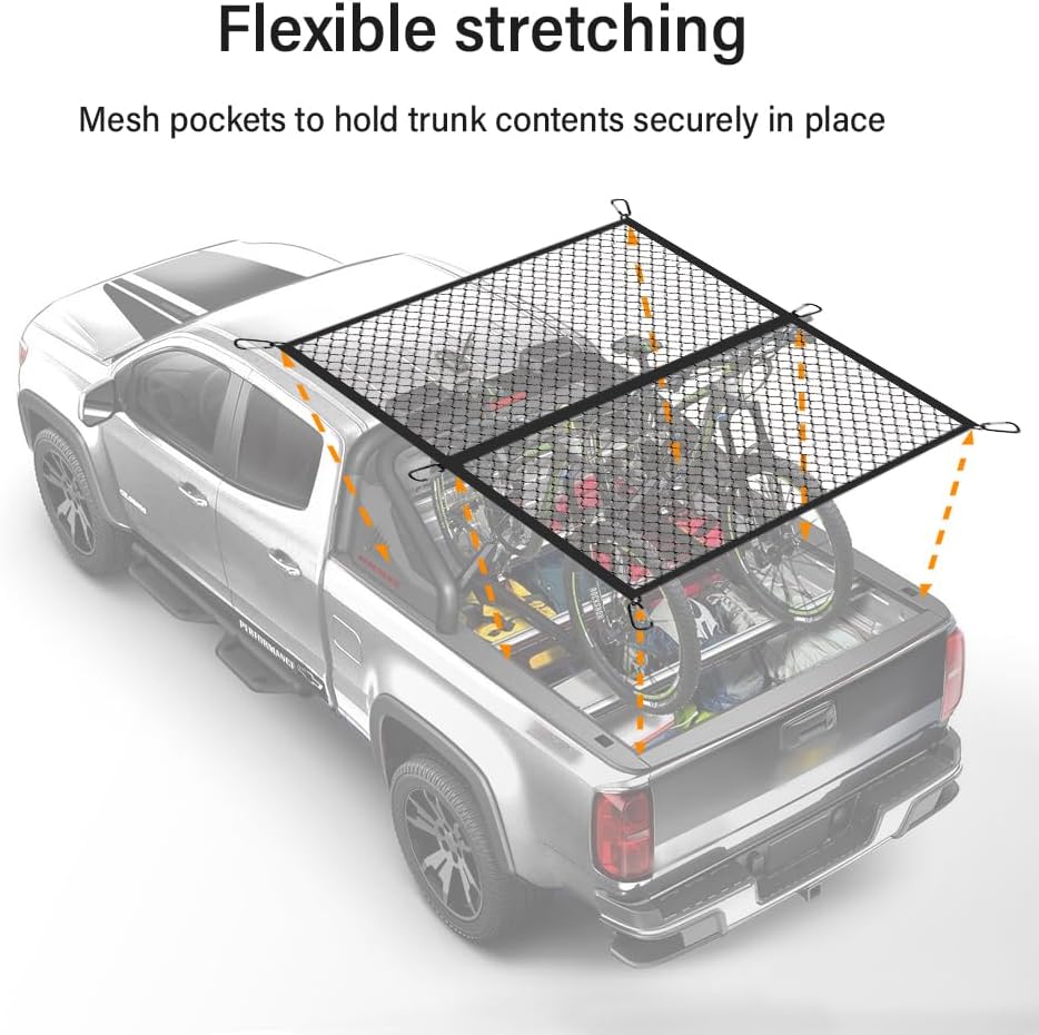 Foldable Cargo Net for Pickup Truck Bed,4' x 4' Ultra Strong Stretch to 8'x8' Truck Bed Organizer Includes 6 Pcs Carabiner Clips,Dual Use Cargo Net for Trucks SUV Car Trunks Organizer
