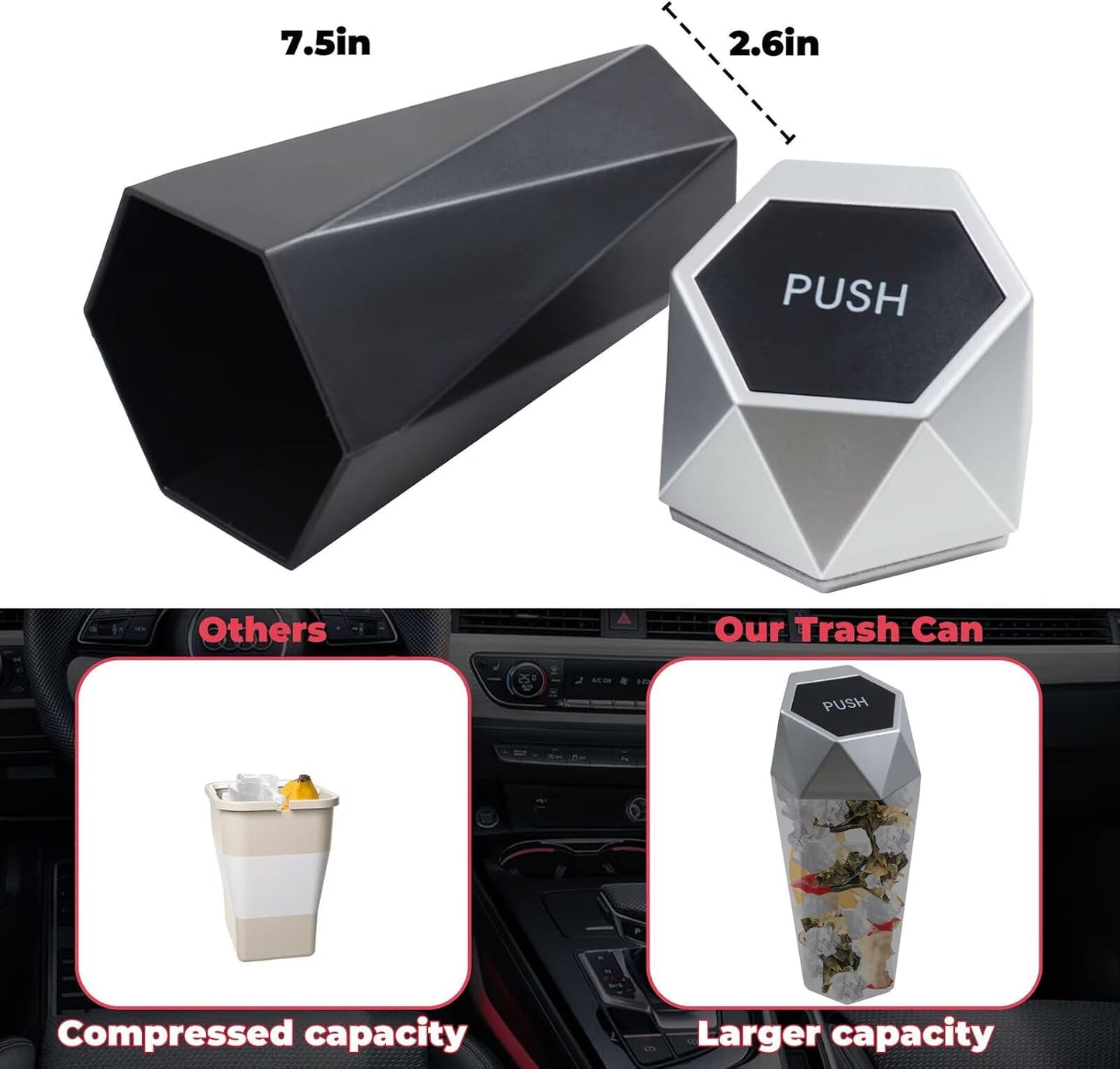 BFXM Car Trash Can, 2 Pack Car Trash Bin with Lid, Car Accessories for Women Interior, Car Garbage Can with Additional 2 ABS Hooks and 60pcs Trash Bags, Suitable for Home, Office, Car Organizer, Black