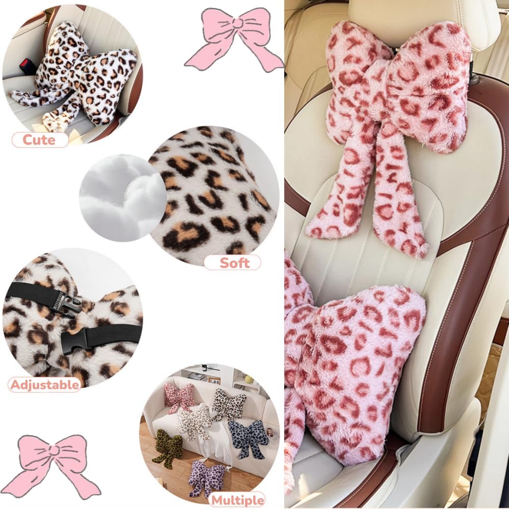 LYFJMUS 4 Pack Plush Bow Car Headrest Pillow and Lumbar Support Pillow Soft Butterfly Car Neck Pillows for Driving Cars Decor (Pink Leopard)