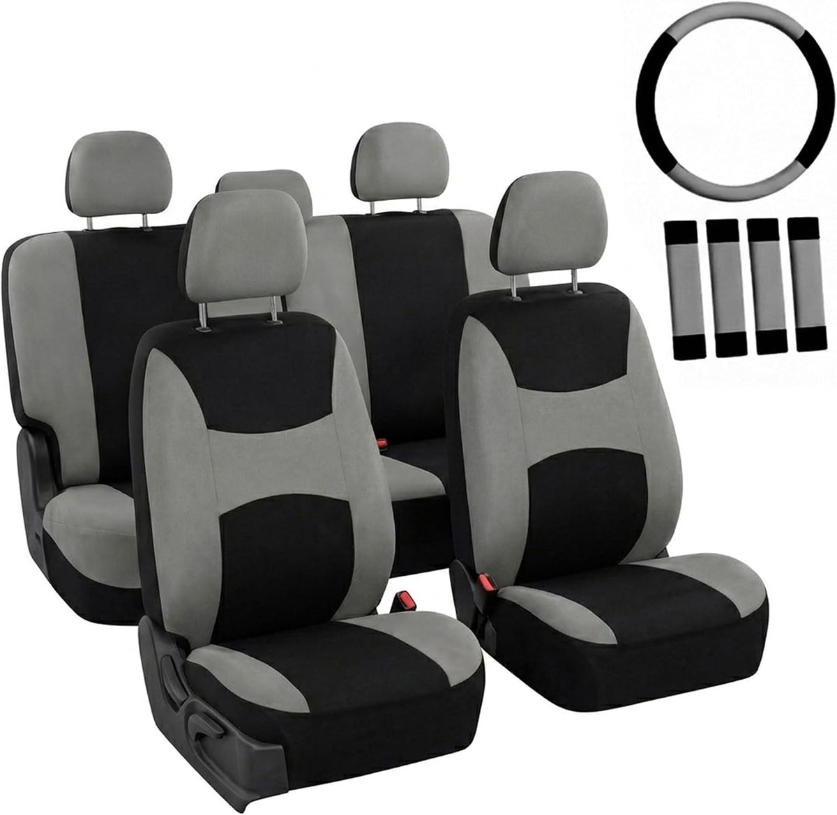 FH Group Universal Fit Gray Black Automotive Seat Covers Combo Set with Steering Wheel Cover and Seat Belt Pad fits Most Cars, SUVs, and Trucks (Airbag Compatible and Split Bench)