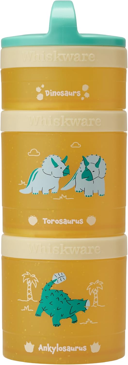 Whiskware Dinosaur Stackable Snack Containers for Babies, Kids, and Toddlers, 3 Stackable Snack Cups for School or Travel, Cupholder Friendly, Blue/Yellow