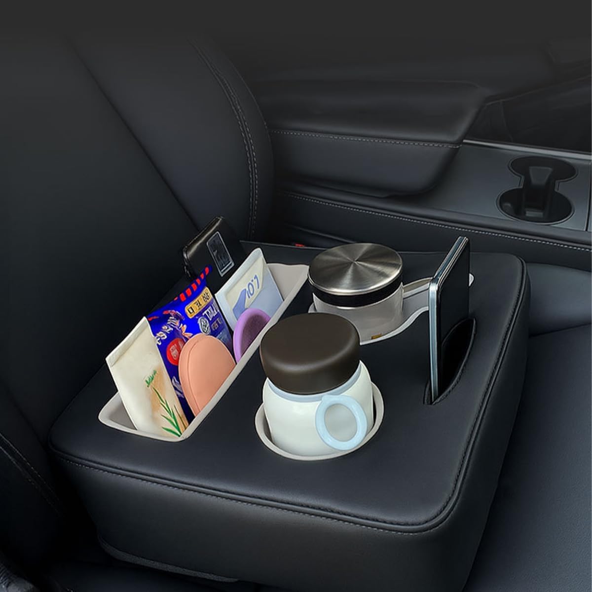 Car Back Seat Cup Holder, Leather Non-Slip Vehicle Rear Seat Drinks Tray Storage Organizer, Automotive Backseat Cup Holder Tray Expander, Universal for SUV Automobile Truck