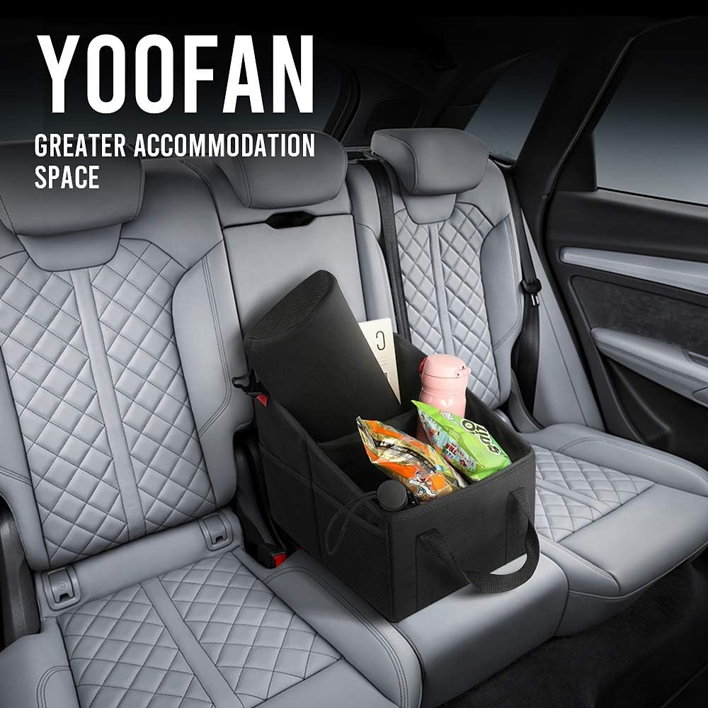 YOOFAN Car Seat Organizer - Passenger Seat Organizer, Collapsible Small Car Seat Storage Organizer for Console Front/Back, Automotive Backseat Organizer with Belt 4 Cup Holders for Kids Accessories