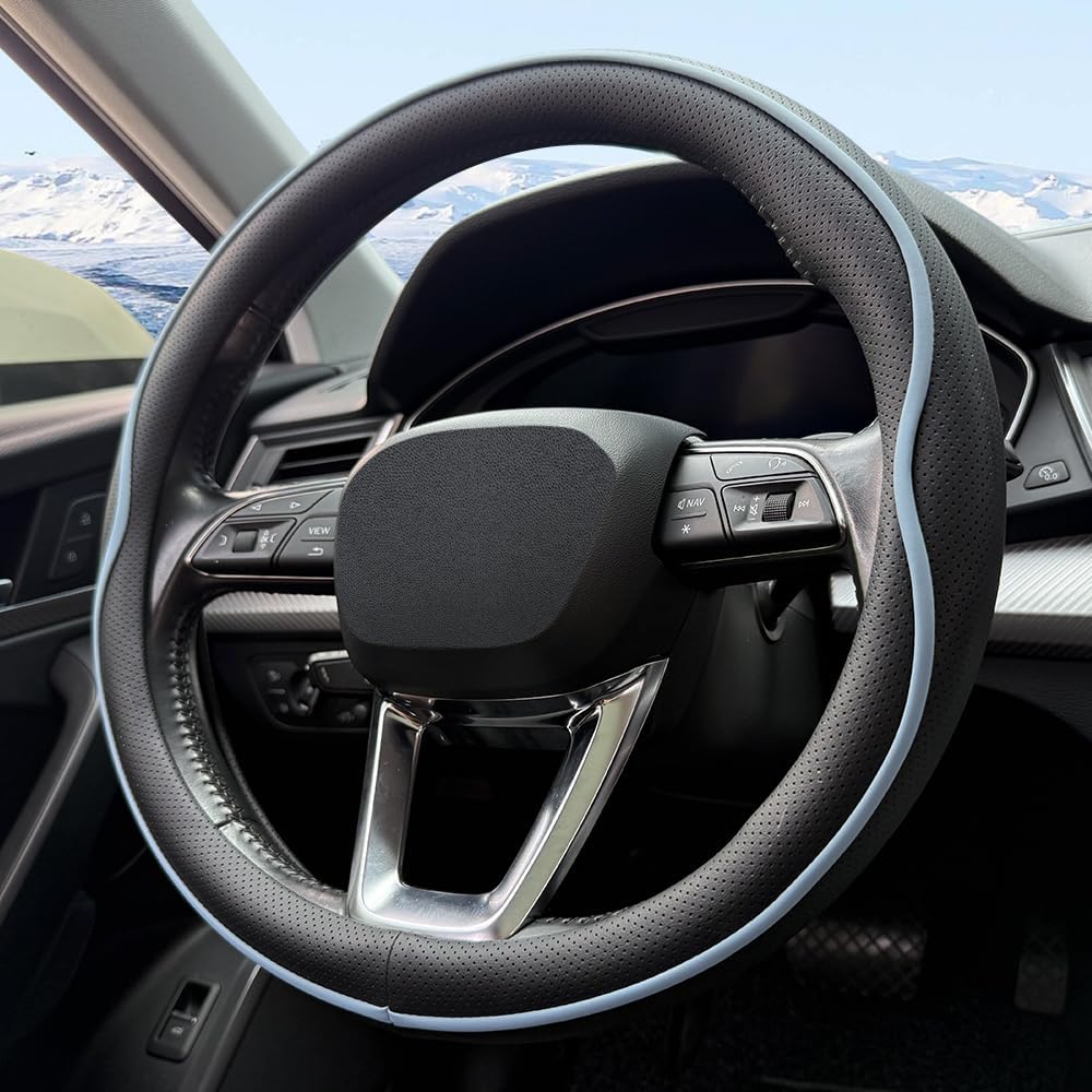 HAOTULE Leather Steering Wheel Cover， with Anti-Slip Stripe Design - Enhanced Grip, Fashion Style, Safe, Non-Slip, Breathable. Upgrade car Interior，Black Blue