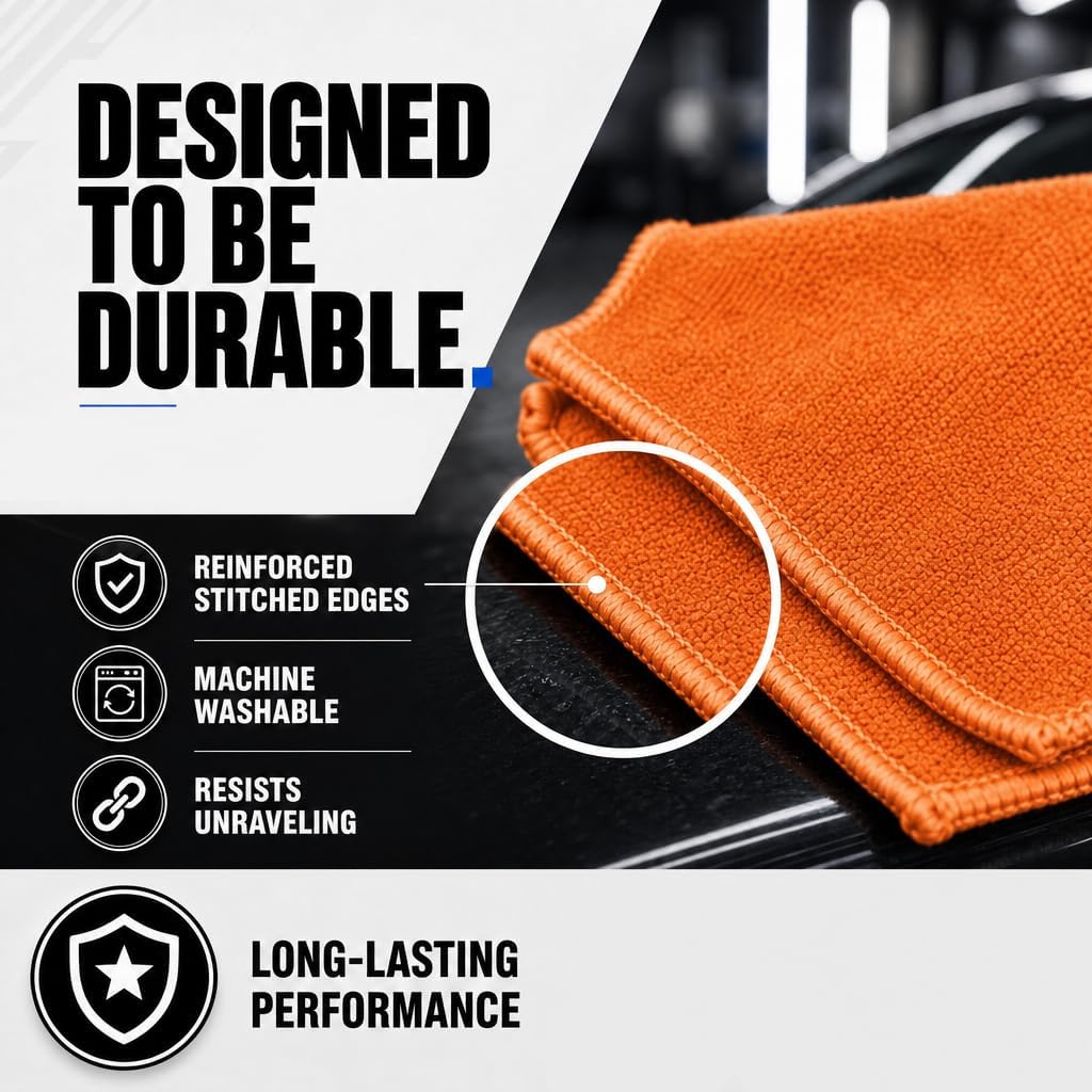 Premium Microfiber Cleaning Towels, 350 GSM, 16x16 Inch, 12 Pack, for Car, Glass, Bathroom and Home (Orange, 16" x 16")