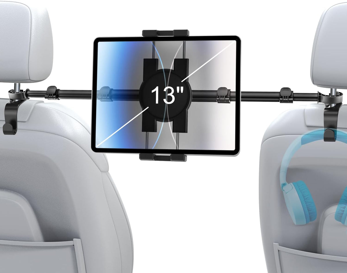 Car Tablet Headrest Holder for iPad - Car Back Seat Headrest Tablet Mount Stand, Road Trip Essentials for Kids, for iPad Pro Air Mini, Galaxy Tabs, Kindle Fire HD, Switch, iPhone, 4-13" Devices