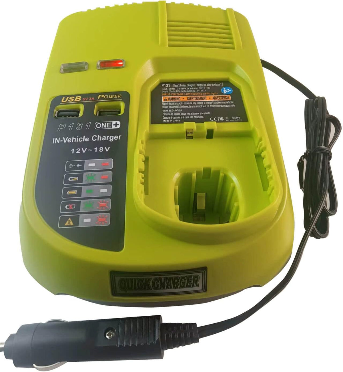 One+ Portable Dual Chemistry Lithium Ion or NiCad Vehicle Battery Charger for Ryobi 12V, 14.4V, 18V MAX One+ Plus Ni-Cad, Ni-Mh & Lithium-Ion Battery