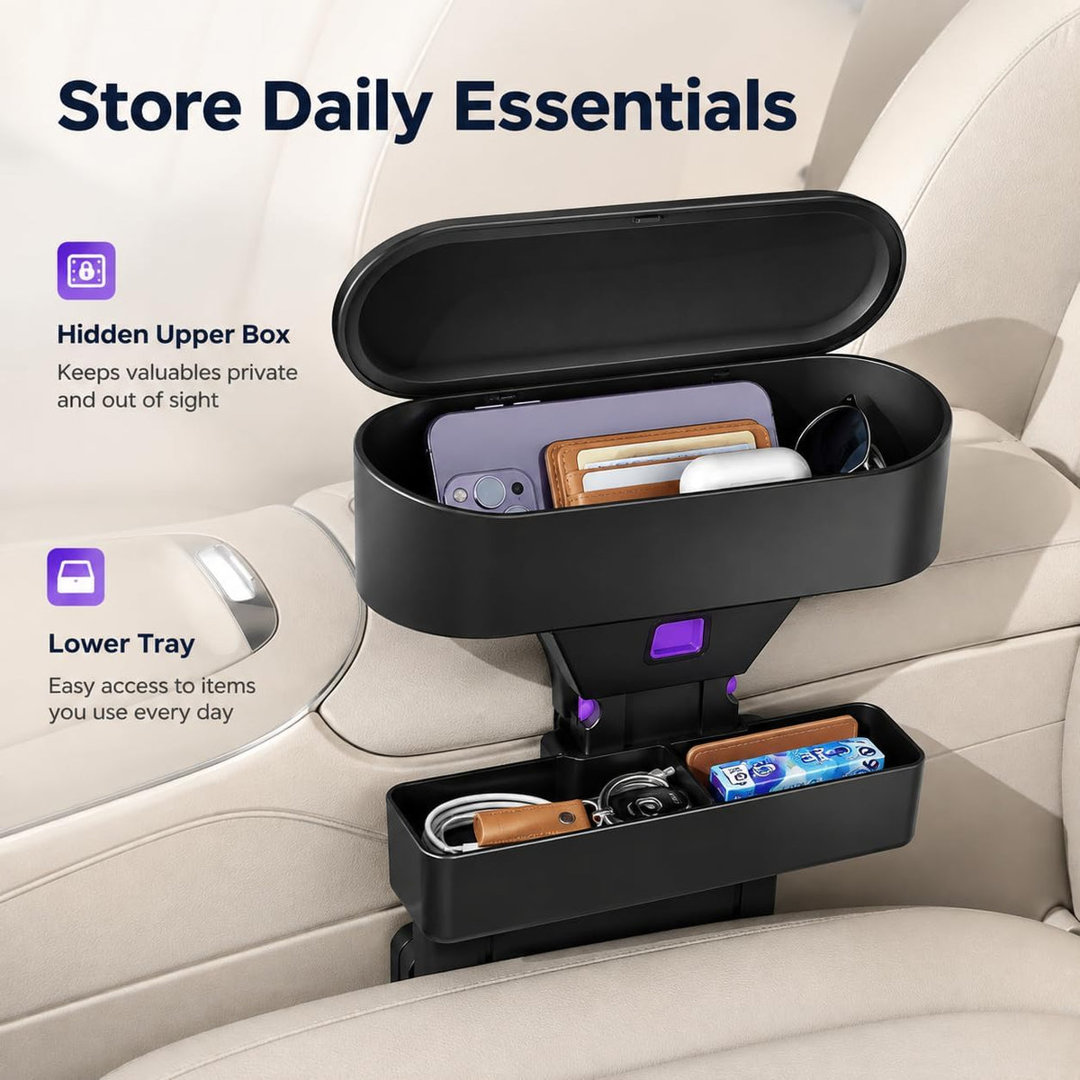 Car Armrest Storage Box, 4-Way Adjustable Seat Gap Filler Organizer