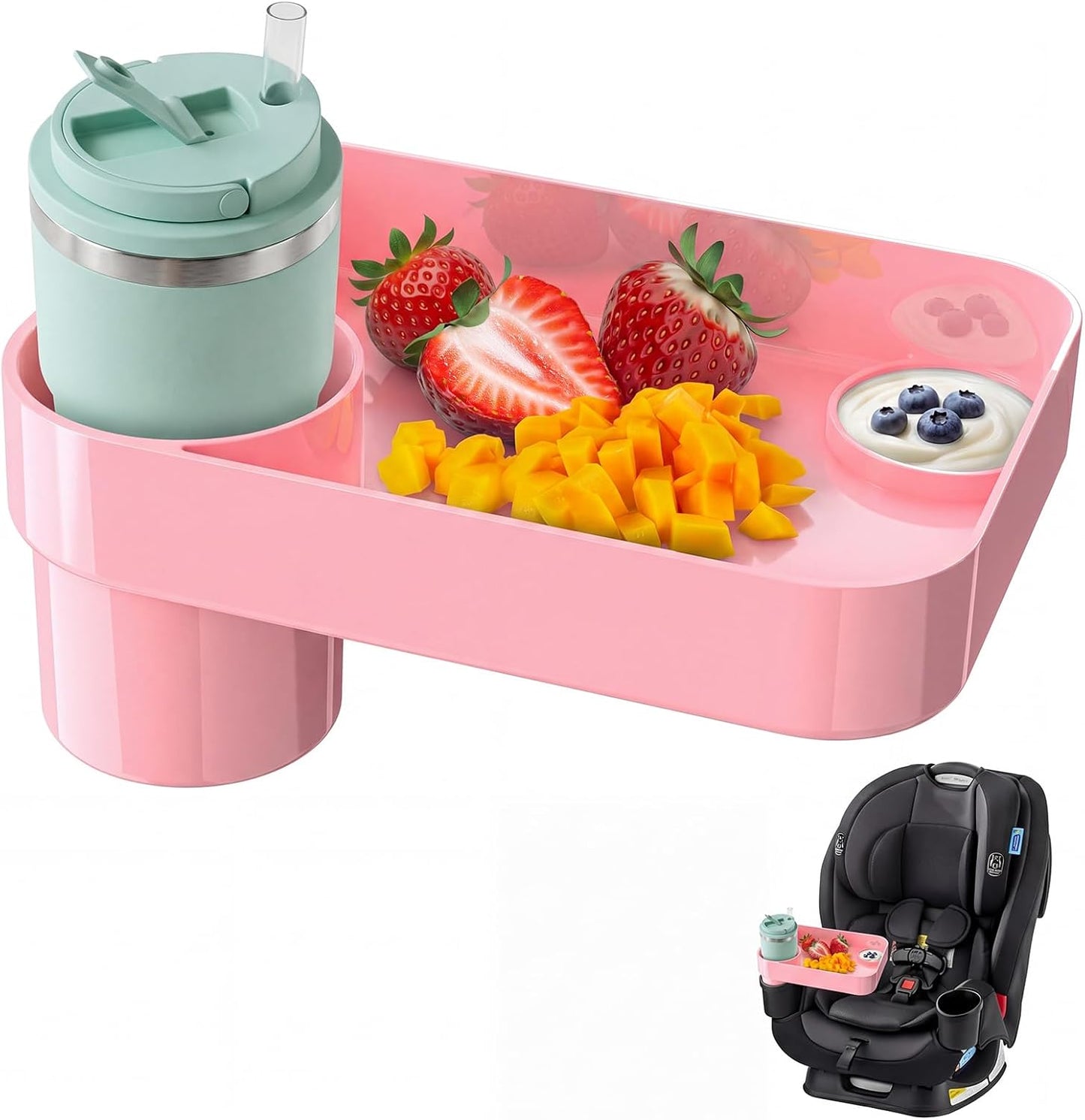Toddler Car Seat Snack Tray - 3 Inch Cup Holder with Dip Well Fits Most Sippy Cups & Straw Bottles, Mess-Free Square Kids Travel Tray Road Trip Essentials, Pink