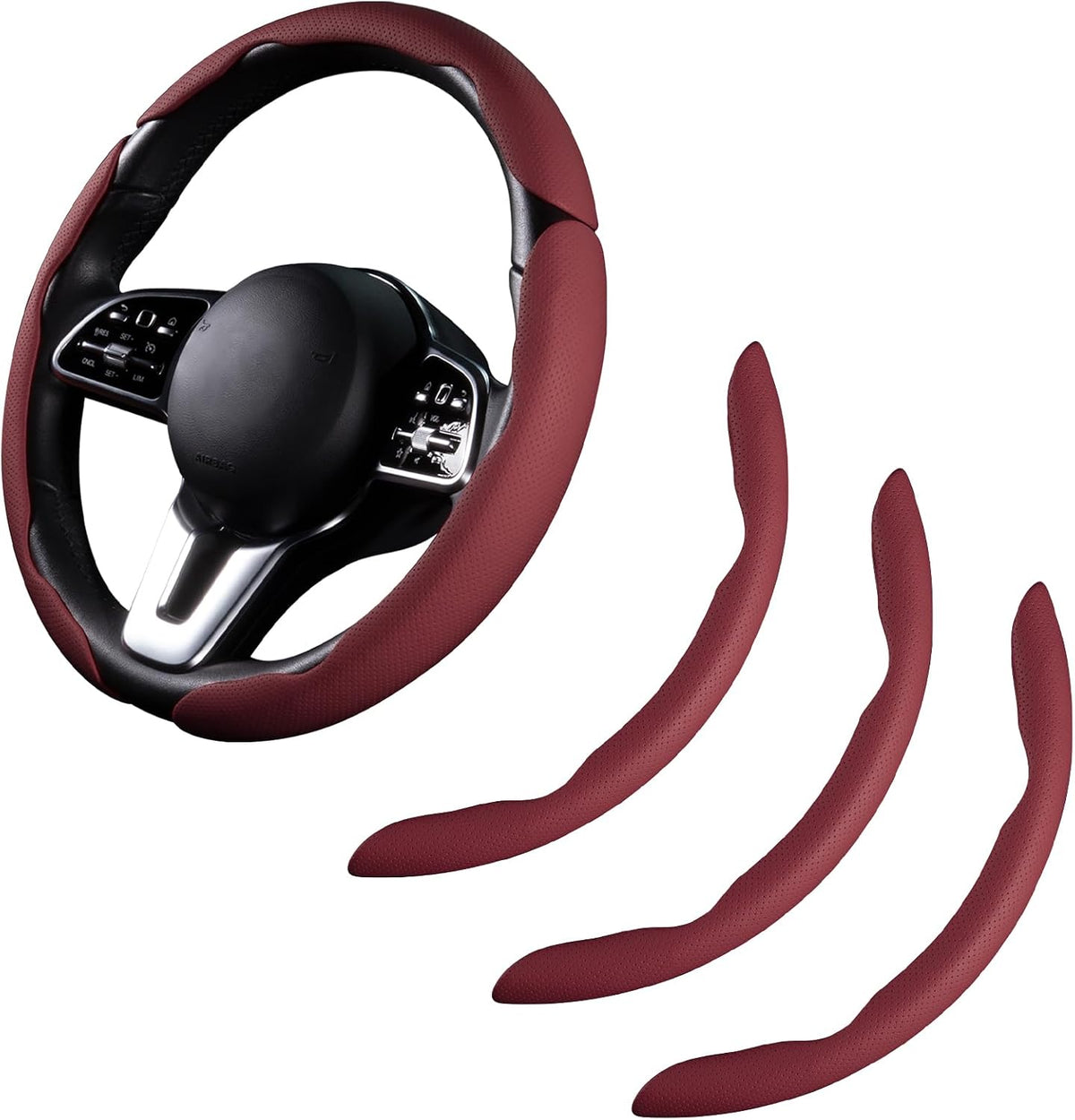 Car Steering Wheel Cover Leather 14.5-15 in Universal 3Pcs Set Wine Red