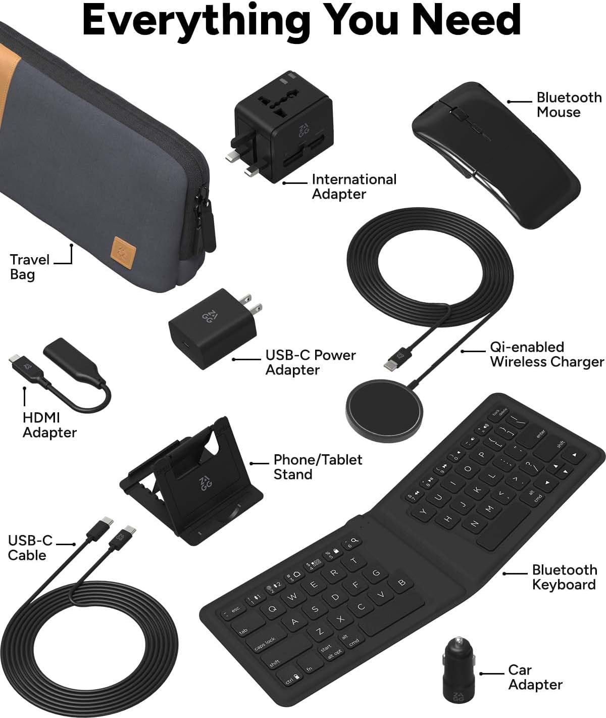 ZAGG Desktop Essentials International Travel Kit - International Power Adapter, Foldable Bluetooth Keyboard, Mouse, Wireless Charger, USB C Charging Cable, HDMI, Car Charger, 20W USB C Charging Block