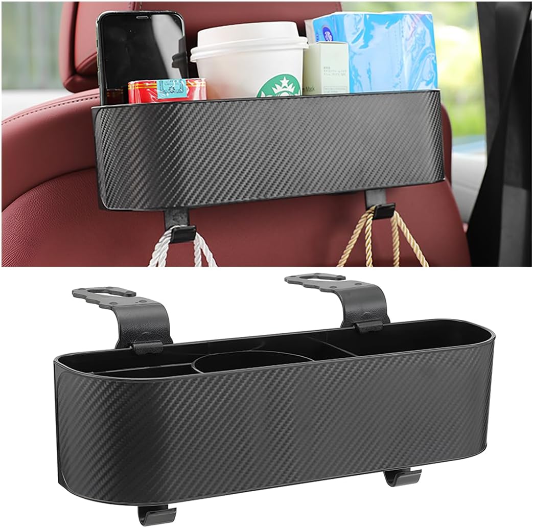BELOMI Car Headrest Backseat Organizer with Cup Holder, Seat Back Hanging Storage Box with Hooks, Multi-Functional Drink Pocket Food Snack Phone Tray for Kids, Car Travel Accessories (Red)