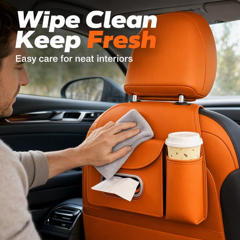 2 in 1 Car Back Seat Organizer, Car Cup Holder & Tissue Box Holder, Nappa Leather Car Seat Organizer Backseat Storage for Sedan SUV MPV Family Travel (Black)