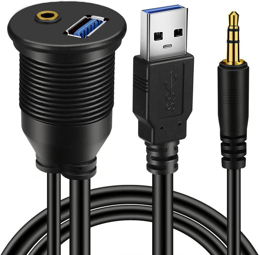 USB 3.0 & 3.5mm Car Mount Flush Cable 3.5mm + USB3.0 AUX Extension Dash Panel Waterproof Mount Cable for Car Boat and Motorcycle - 6ft