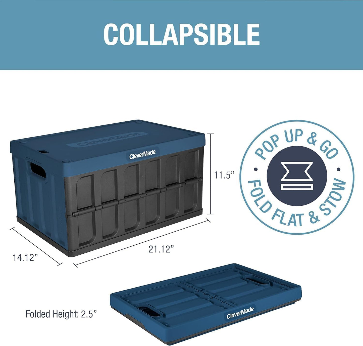 CleverMade Collapsible Storage Bins with Lids (46L, 3 Pack) – Stackable Foldable Plastic Storage Crates for Home, Closet & Trunk Organization - Obsidian