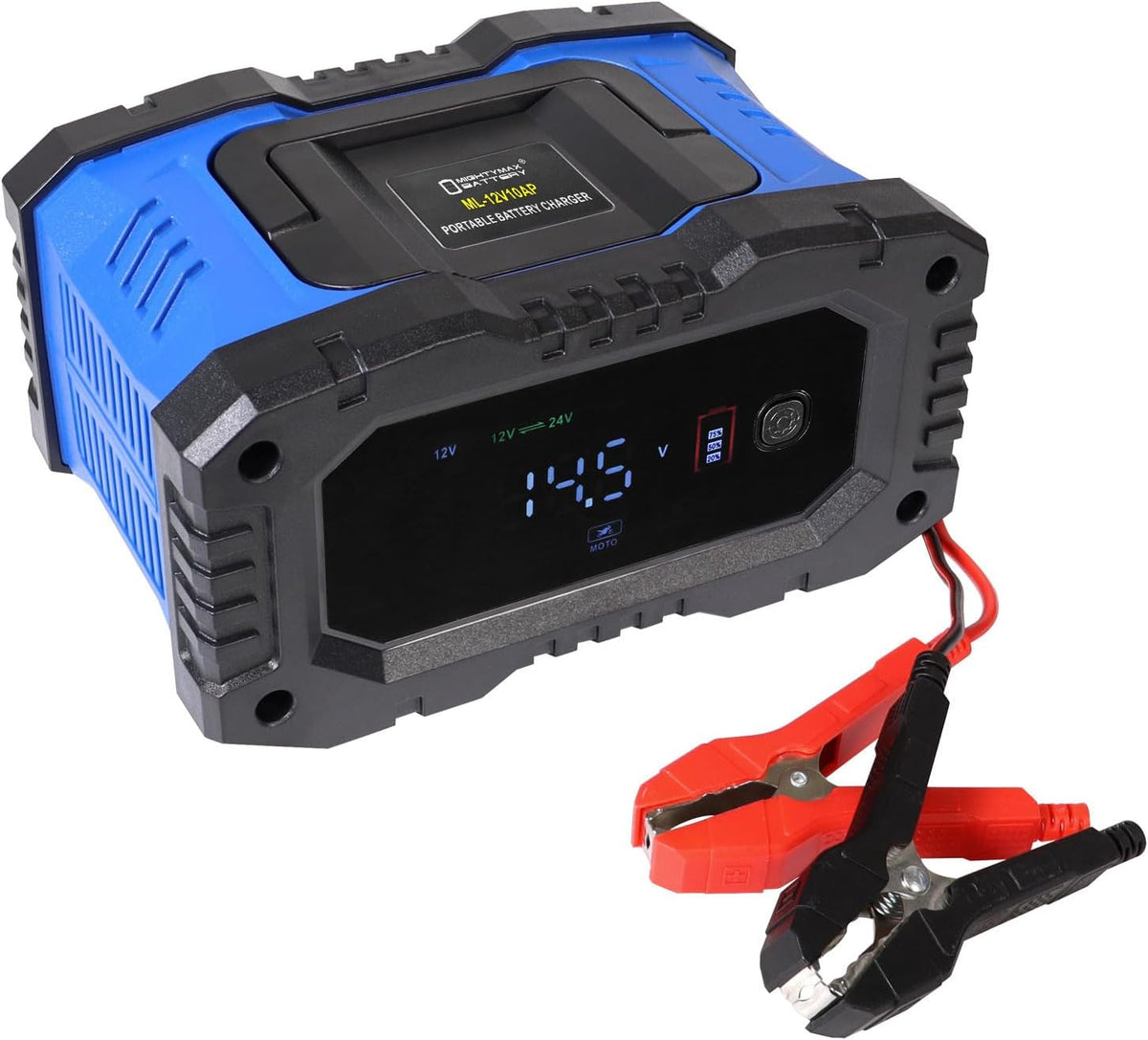 Mighty Max Battery 12V/24V 10Amp Smart Automatic Charger & Maintainer with Restoration, Desulfator, and Winter Mode for for Car, RV, Boat, Truck, Motorcycle - Lithium, AGM, SLA, Gel, Wet, Deep Cycle