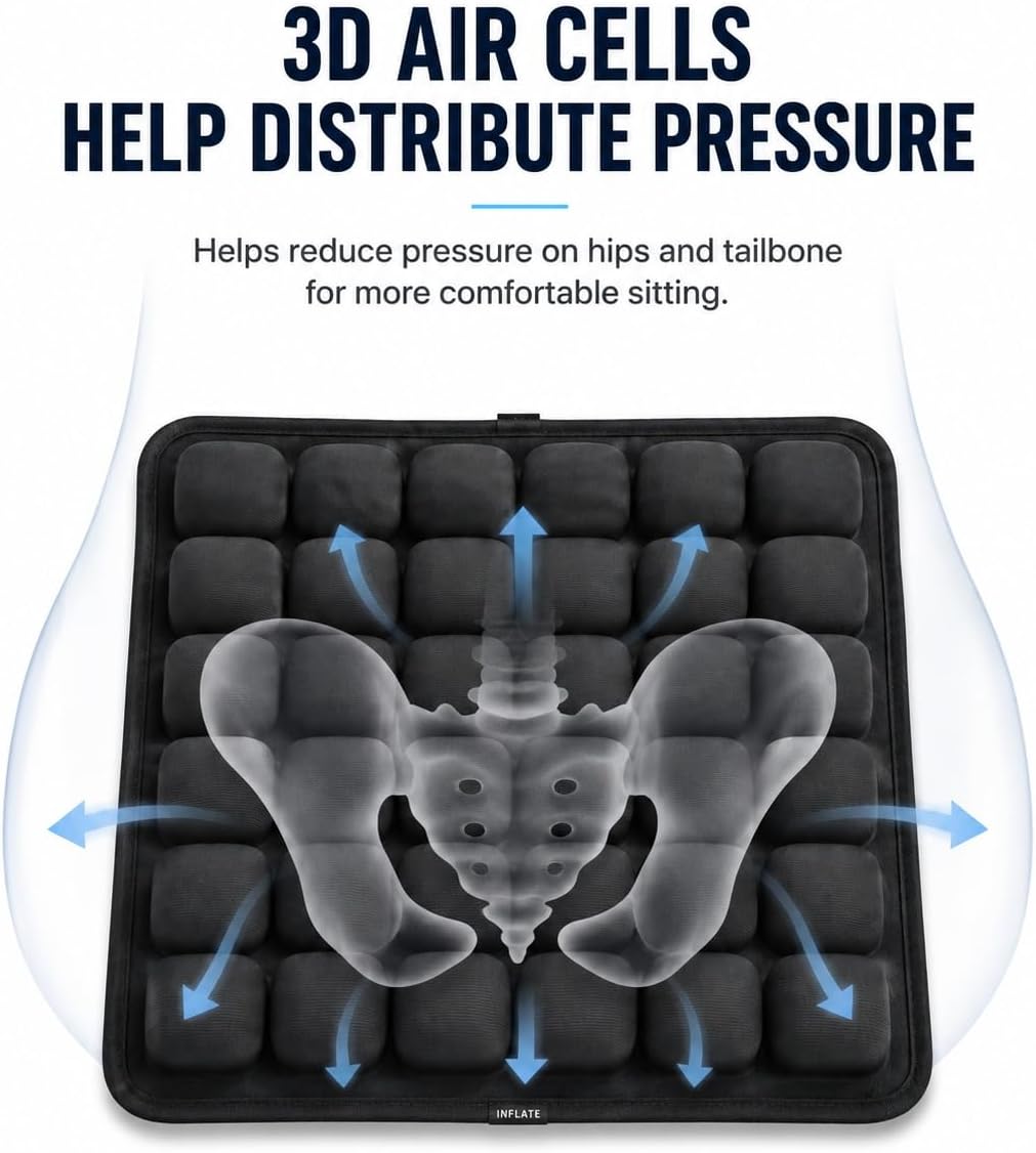 Inflatable Travel Seat Cushion with Built-in Pump - Compact Airplane Seat Cushion for Long Flights - Ergonomic Air Pad for Car, Stadium Bleachers & Desk Chair Comfort (Dark)