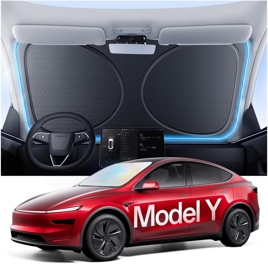 Windshield Sun Shade for Tesla Model Y 2020-2026 (Include Juniper), 100% UV Block & Heat Insulation, Custom Fit Sunshade, Foldable Car Sunshade with Storage Bag, Protect Interior Accessories
