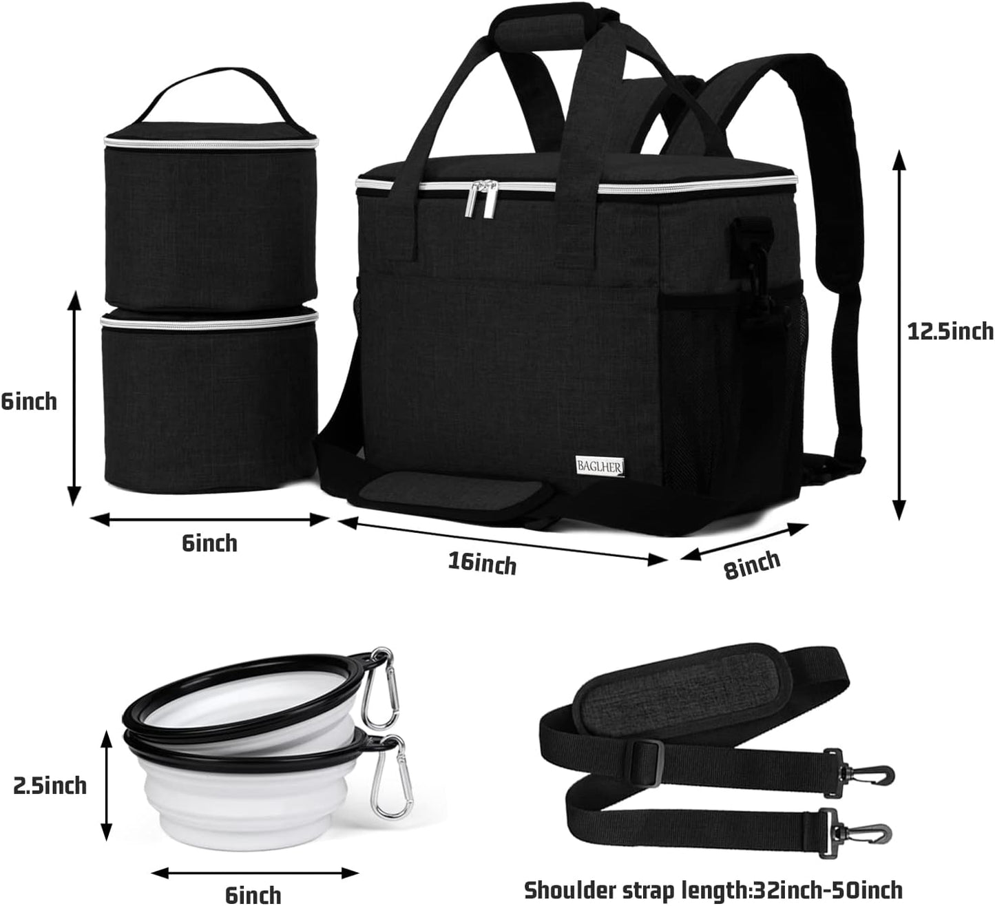 BAGLHER Dog Travel Bag Backpack Pet Supplies Backpack Pet Accessories Storage Bag 5-Piece Set With Shoulder Strap 2 Lined Pet Food Containers 2 Foldable Feeding Bowls Essential Kit for Pet travel